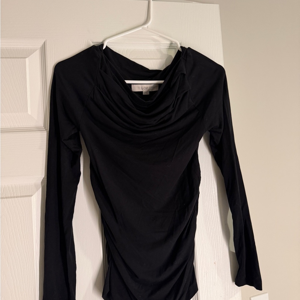 LOFT Black Draped Long-Sleeve Top